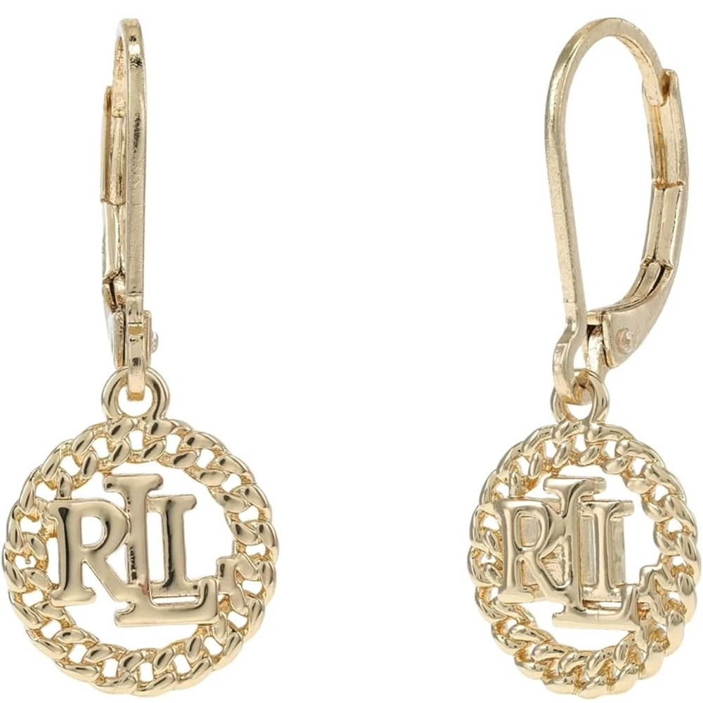 💖NEW RALPH LAUREN GOLD TONE SIGNATURE CUT OUT LEVER BACK DROP EARRINGS. - Picture 5 of 5